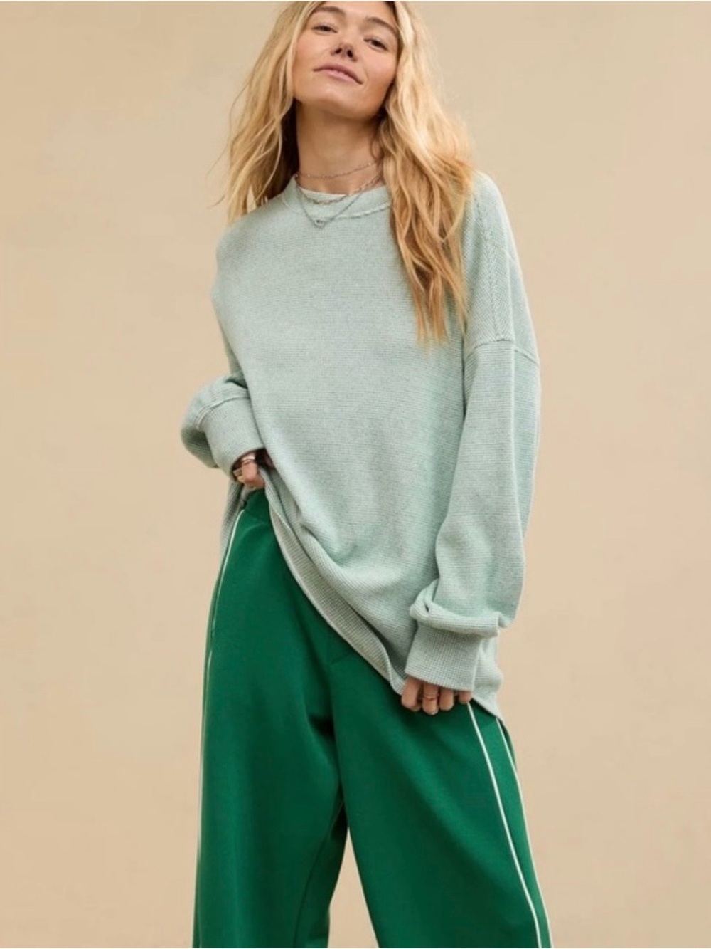 Aerie Oversized Getaway Waffle Sweatshirt Island Pine, size L, like new!